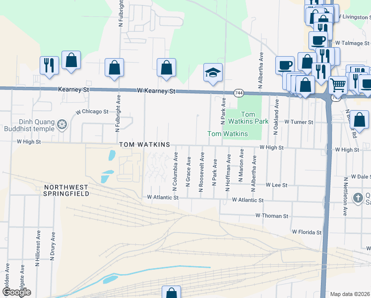 map of restaurants, bars, coffee shops, grocery stores, and more near 2422 West High Street in Springfield
