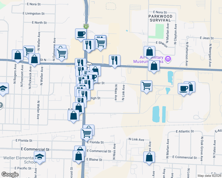 map of restaurants, bars, coffee shops, grocery stores, and more near 1925 East Glenco Street in Springfield