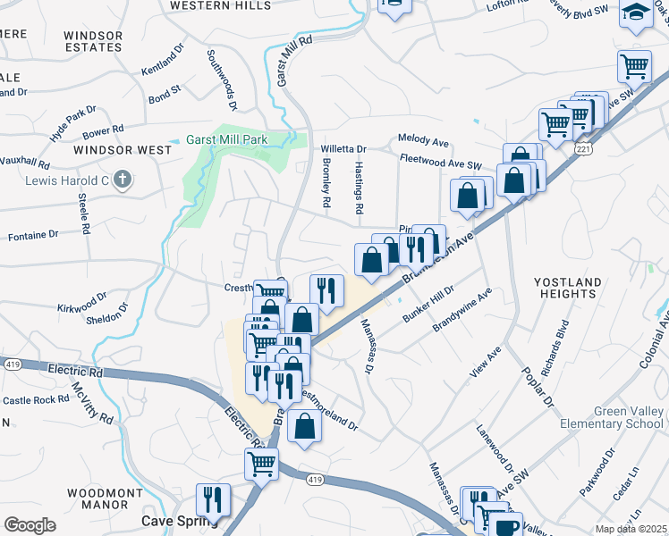 map of restaurants, bars, coffee shops, grocery stores, and more near 4731 Oakcliff Drive in Cave Spring
