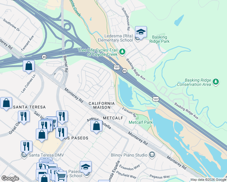 map of restaurants, bars, coffee shops, grocery stores, and more near 6938 Forsum Road in San Jose