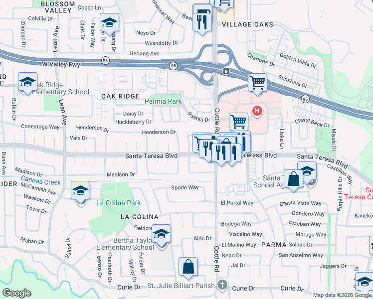 map of restaurants, bars, coffee shops, grocery stores, and more near 318 Brian Court in San Jose