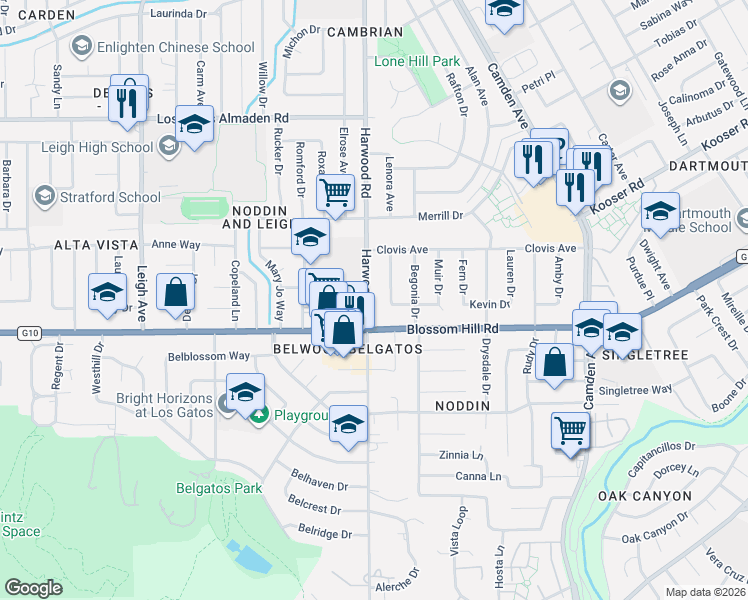 map of restaurants, bars, coffee shops, grocery stores, and more near 5531 Milligan Drive in San Jose