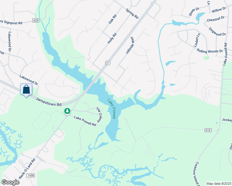 map of restaurants, bars, coffee shops, grocery stores, and more near 5108 Shoreline Court in Williamsburg