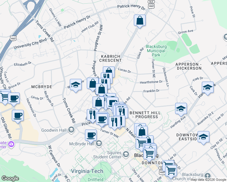 map of restaurants, bars, coffee shops, grocery stores, and more near 818 Montgomery Street in Blacksburg