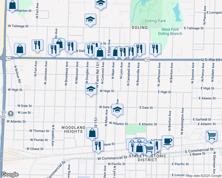 map of restaurants, bars, coffee shops, grocery stores, and more near 2209 North Main Avenue in Springfield
