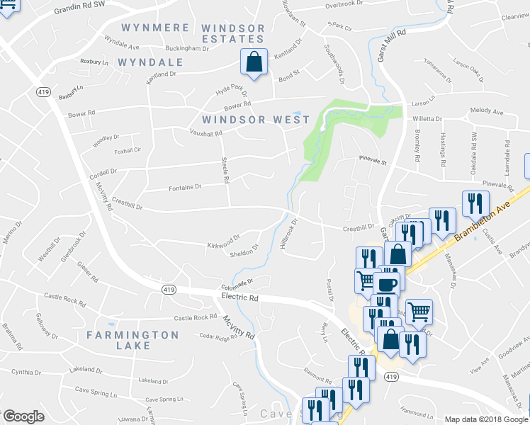 map of restaurants, bars, coffee shops, grocery stores, and more near 4320 Cresthill Drive in Roanoke