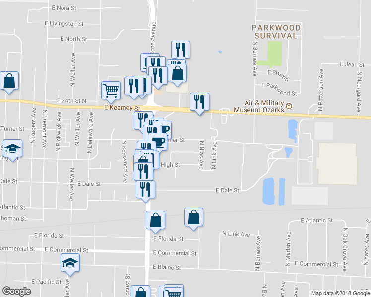 map of restaurants, bars, coffee shops, grocery stores, and more near 1925 East Glenco Street in Springfield