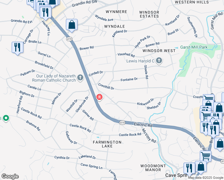 map of restaurants, bars, coffee shops, grocery stores, and more near 4566 Cresthill Drive in Cave Spring