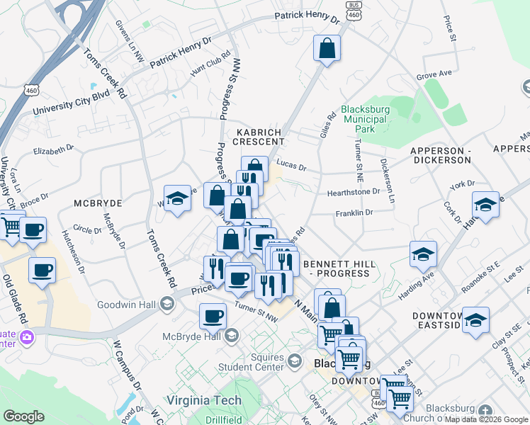 map of restaurants, bars, coffee shops, grocery stores, and more near 818 Montgomery Street in Blacksburg