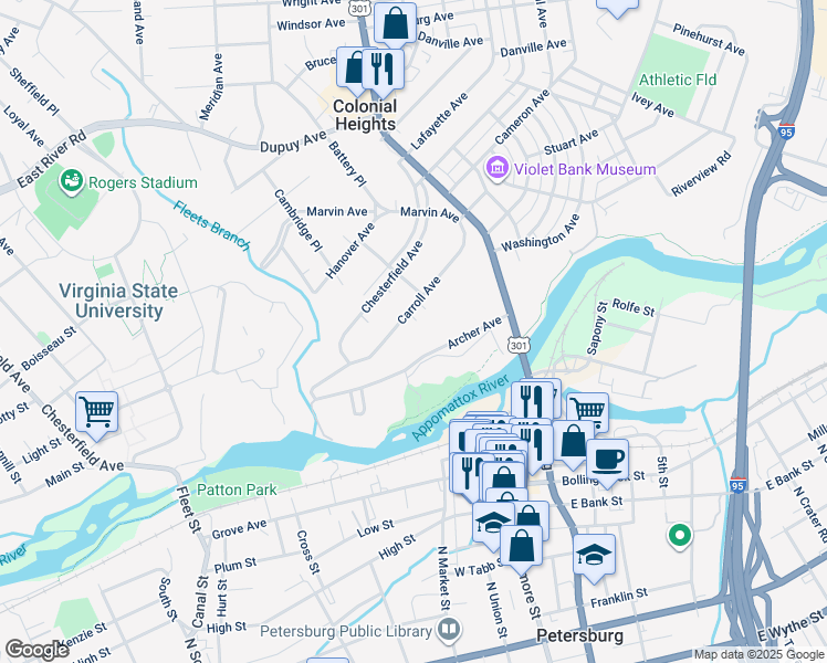 map of restaurants, bars, coffee shops, grocery stores, and more near 147 Carroll Avenue in Colonial Heights