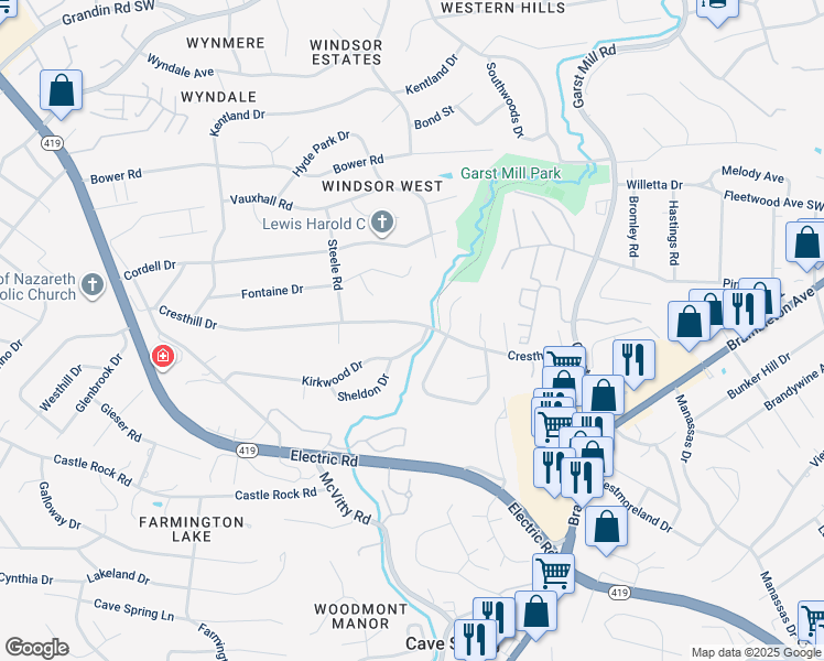 map of restaurants, bars, coffee shops, grocery stores, and more near 4308 Cresthill Drive in Cave Spring