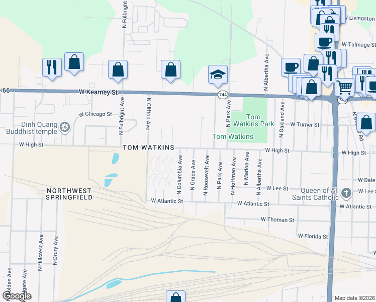map of restaurants, bars, coffee shops, grocery stores, and more near 2412 West High Street in Springfield