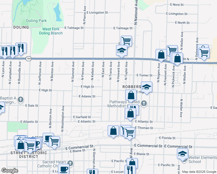 map of restaurants, bars, coffee shops, grocery stores, and more near 2214 North East Avenue in Springfield