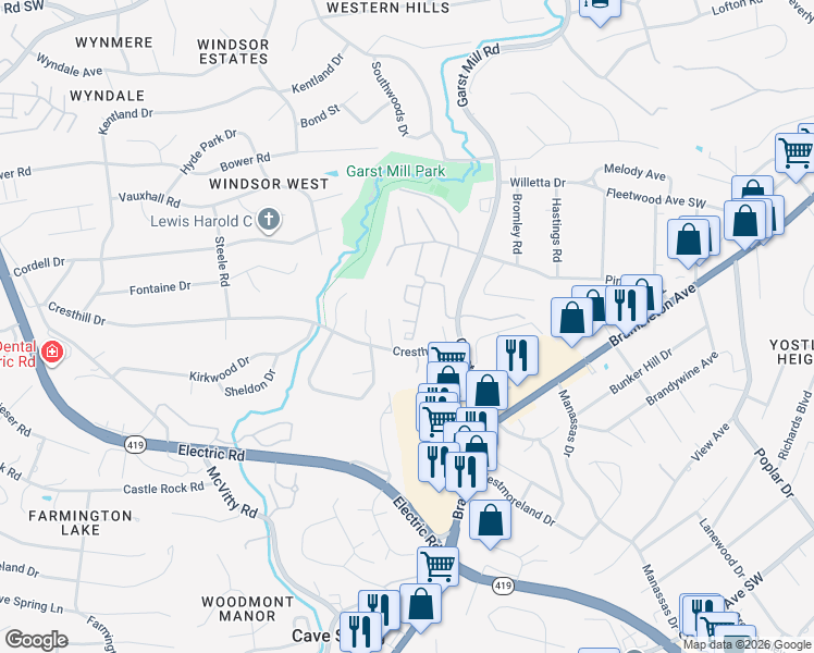 map of restaurants, bars, coffee shops, grocery stores, and more near 4722 Mews Hill Drive in Cave Spring
