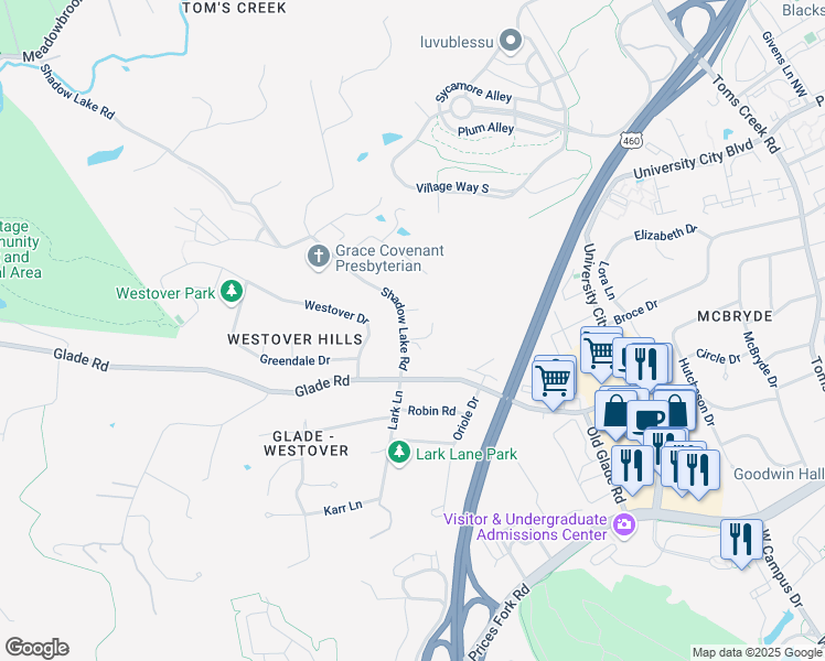 map of restaurants, bars, coffee shops, grocery stores, and more near 1904 Shadow Lake Road in Blacksburg