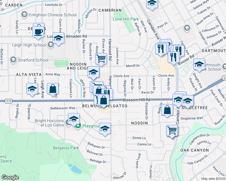 map of restaurants, bars, coffee shops, grocery stores, and more near 5531 Milligan Drive in San Jose