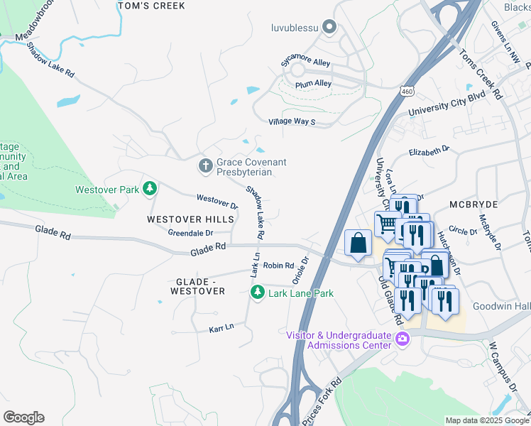 map of restaurants, bars, coffee shops, grocery stores, and more near 1904 Shadow Lake Road in Blacksburg