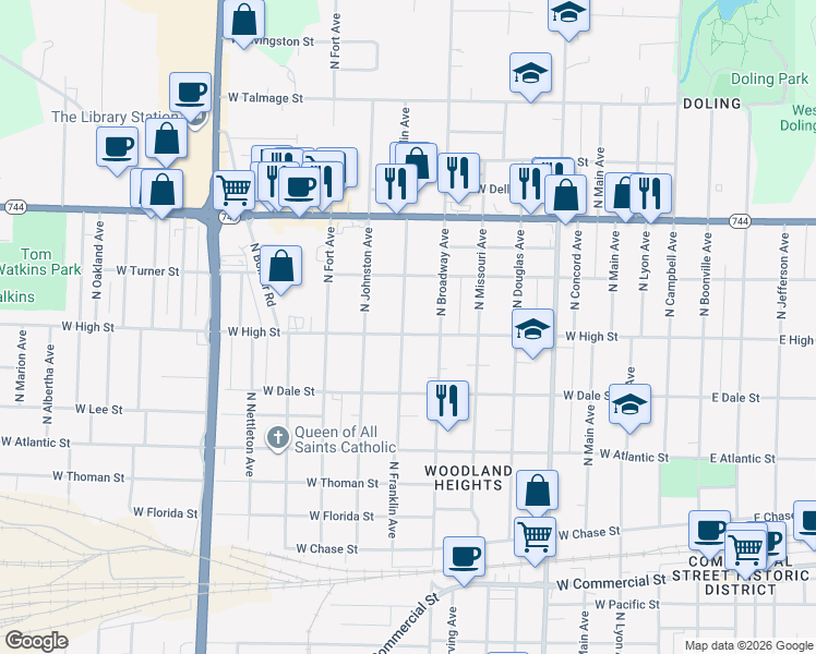 map of restaurants, bars, coffee shops, grocery stores, and more near 1033 West High Street in Springfield