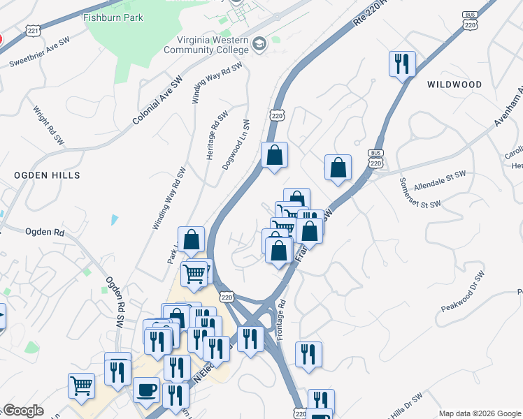 map of restaurants, bars, coffee shops, grocery stores, and more near 734 Townside Road Southwest in Roanoke