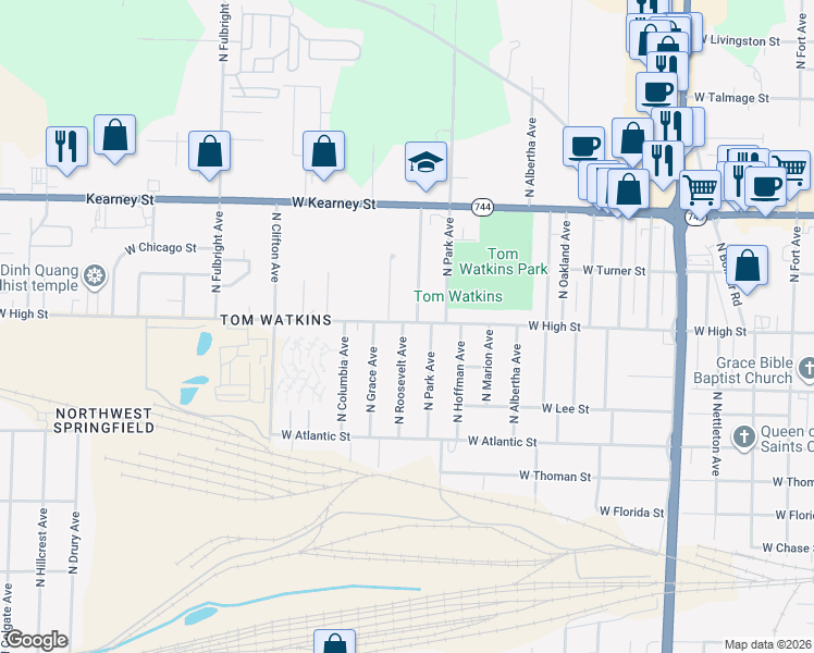 map of restaurants, bars, coffee shops, grocery stores, and more near 2147 North Roosevelt Avenue in Springfield
