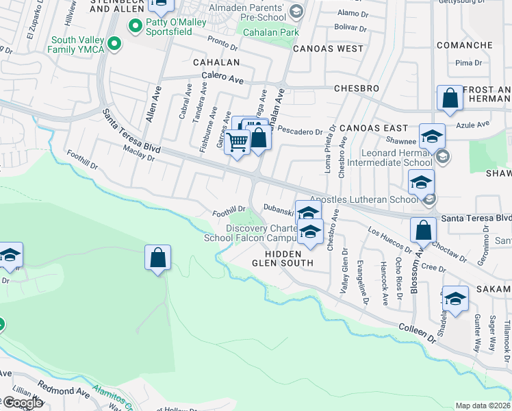 map of restaurants, bars, coffee shops, grocery stores, and more near 6140 Cahalan Avenue in San Jose