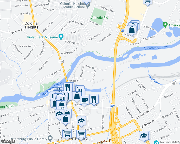 map of restaurants, bars, coffee shops, grocery stores, and more near 224 Witten Street in Petersburg