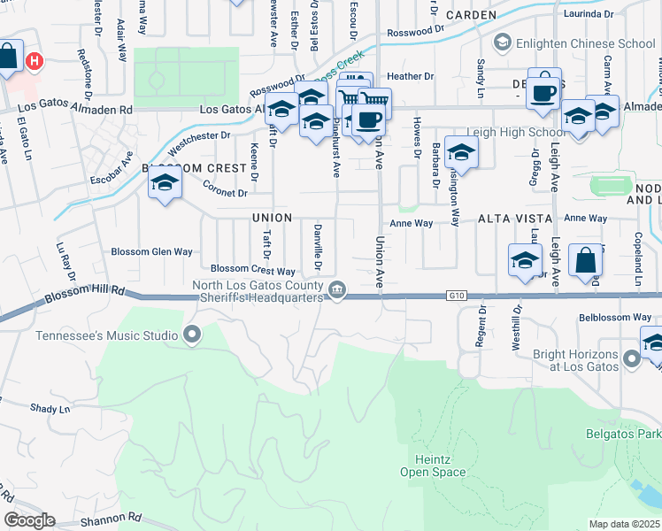 map of restaurants, bars, coffee shops, grocery stores, and more near 235 Pinehurst Avenue in Los Gatos