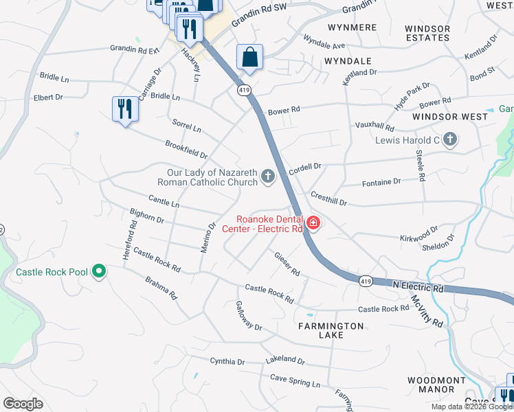 map of restaurants, bars, coffee shops, grocery stores, and more near 4749 Brookwood Drive in Cave Spring