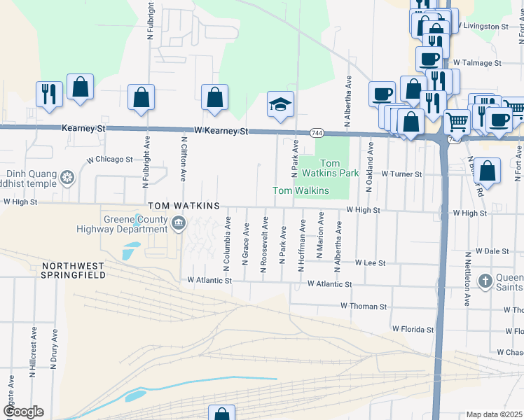 map of restaurants, bars, coffee shops, grocery stores, and more near 2147 North Roosevelt Avenue in Springfield