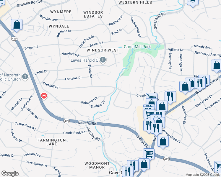 map of restaurants, bars, coffee shops, grocery stores, and more near 4308 Cresthill Drive in Cave Spring
