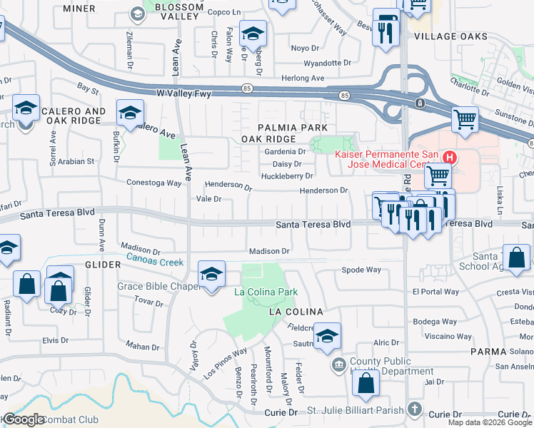 map of restaurants, bars, coffee shops, grocery stores, and more near 6090 Terrier Court in San Jose