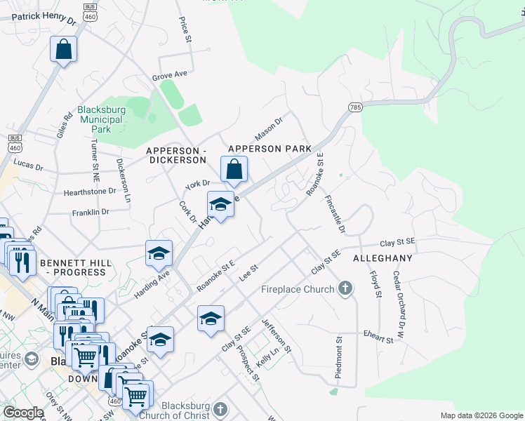 map of restaurants, bars, coffee shops, grocery stores, and more near 203 Orchard View Lane in Blacksburg