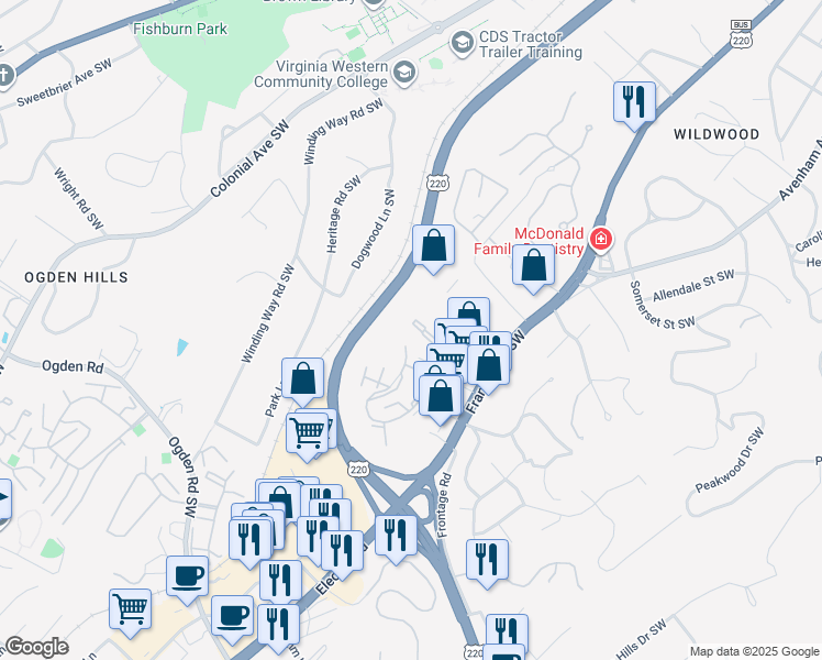 map of restaurants, bars, coffee shops, grocery stores, and more near 734 Townside Road Southwest in Roanoke