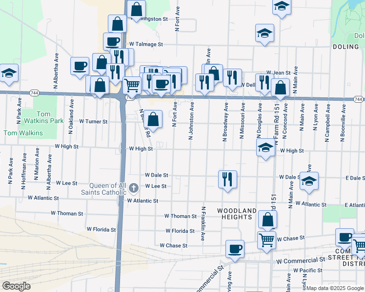 map of restaurants, bars, coffee shops, grocery stores, and more near 1217 West High Street in Springfield