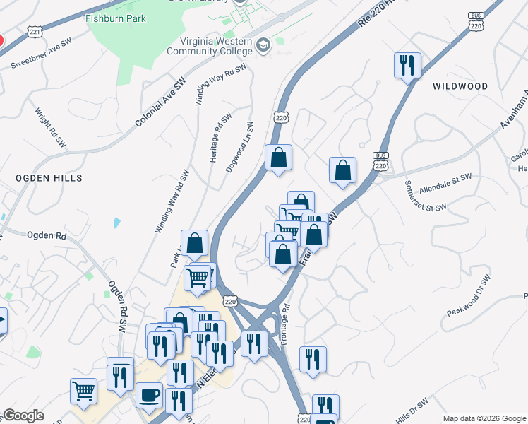 map of restaurants, bars, coffee shops, grocery stores, and more near 734 Townside Road Southwest in Roanoke