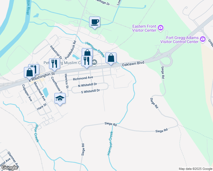map of restaurants, bars, coffee shops, grocery stores, and more near 2306 North Whitehill Drive in Petersburg
