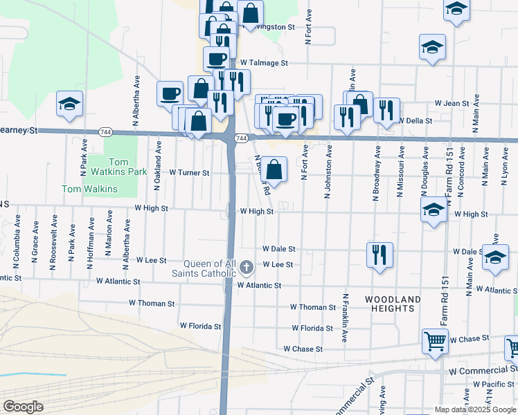 map of restaurants, bars, coffee shops, grocery stores, and more near 1431 West High Street in Springfield