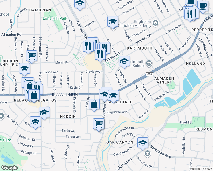 map of restaurants, bars, coffee shops, grocery stores, and more near 5504 Camden Avenue in San Jose