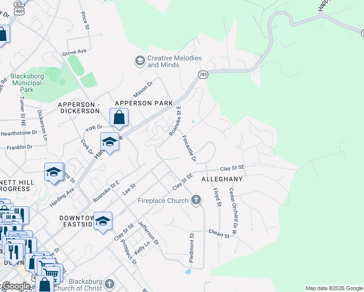 map of restaurants, bars, coffee shops, grocery stores, and more near 202 Fincastle Drive in Blacksburg