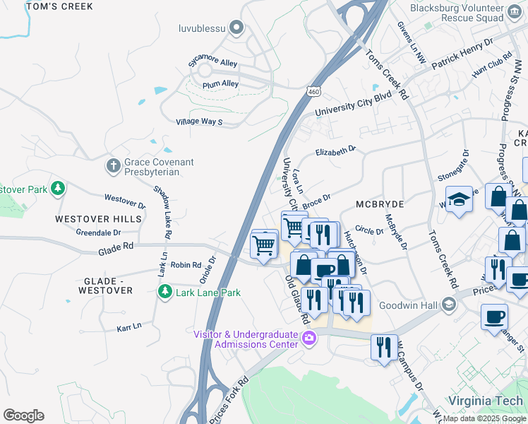 map of restaurants, bars, coffee shops, grocery stores, and more near U.S. 460 in Blacksburg