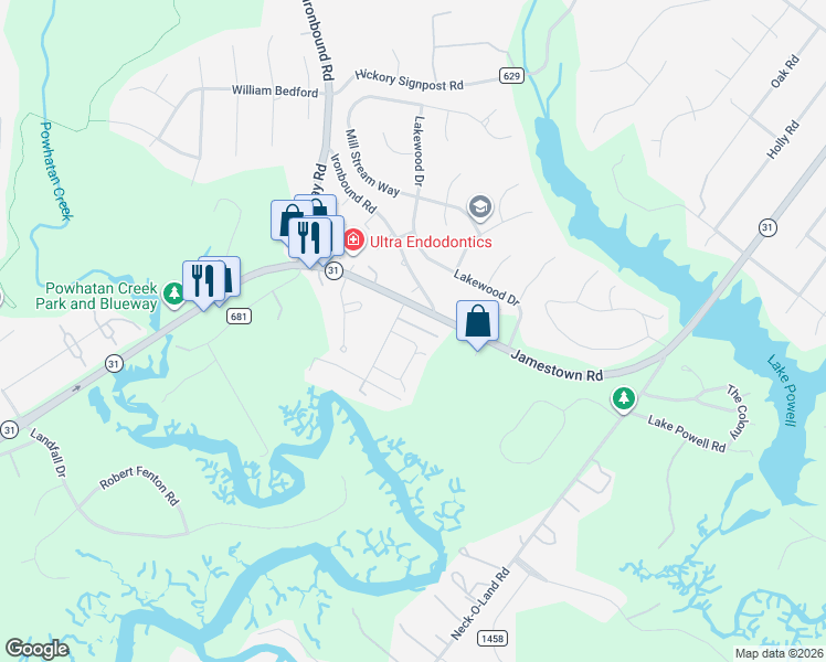 map of restaurants, bars, coffee shops, grocery stores, and more near 19 Bromley Drive in Williamsburg