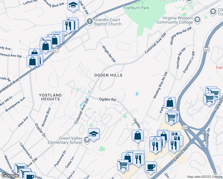 map of restaurants, bars, coffee shops, grocery stores, and more near 3310 Woodland Drive Southwest in Roanoke
