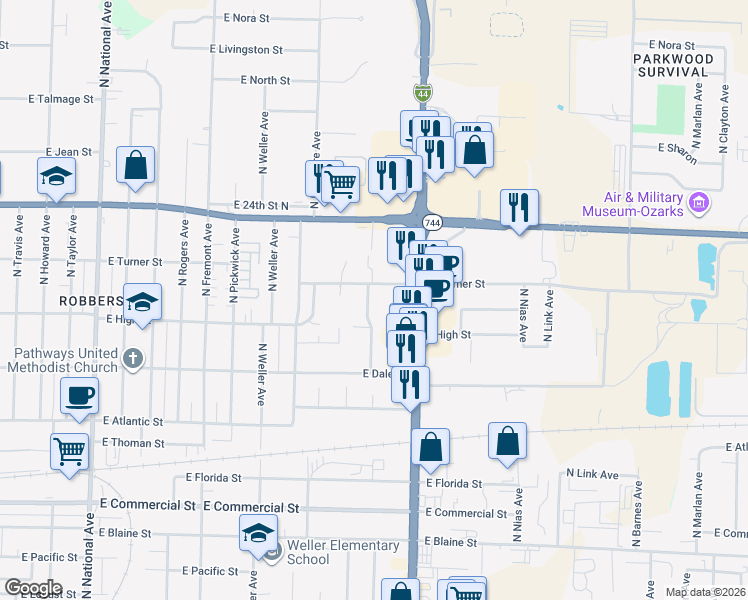 map of restaurants, bars, coffee shops, grocery stores, and more near 1710 East Turner Street in Springfield