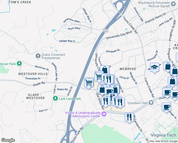 map of restaurants, bars, coffee shops, grocery stores, and more near 1001 University City Boulevard in Blacksburg