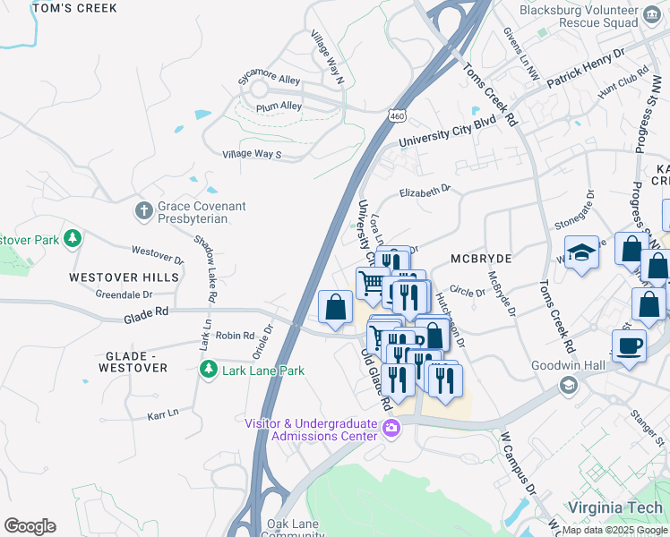 map of restaurants, bars, coffee shops, grocery stores, and more near 1001 University City Boulevard in Blacksburg