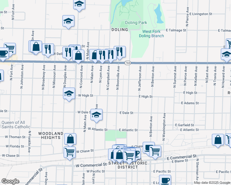 map of restaurants, bars, coffee shops, grocery stores, and more near 2209 North Boonville Avenue in Springfield