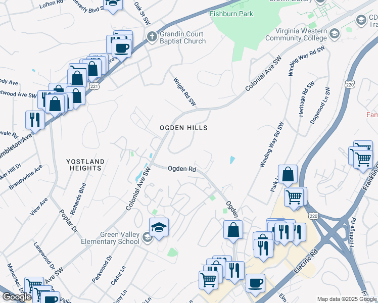 map of restaurants, bars, coffee shops, grocery stores, and more near 3310 Woodland Drive Southwest in Roanoke