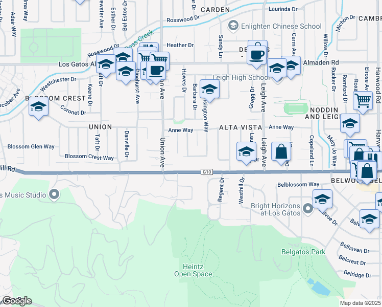 map of restaurants, bars, coffee shops, grocery stores, and more near 133 Cambrian View Way in Los Gatos