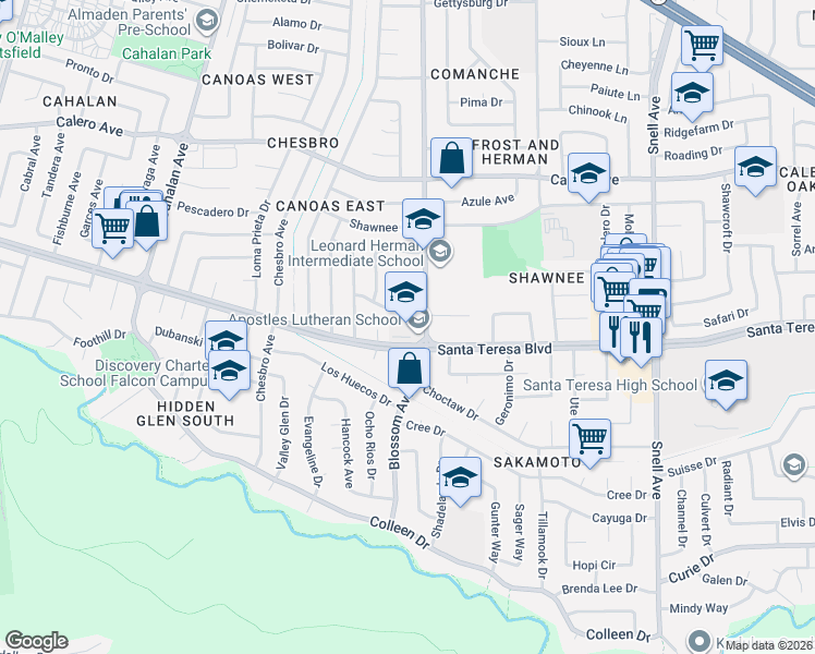 map of restaurants, bars, coffee shops, grocery stores, and more near 5828 Santa Teresa Boulevard in San Jose