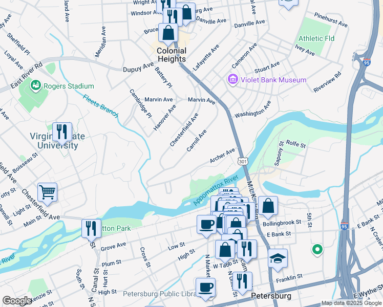 map of restaurants, bars, coffee shops, grocery stores, and more near 147 Carroll Avenue in Colonial Heights